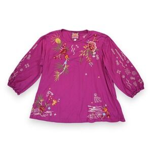 Johnny Was Keone Puff Sleeve Tee Shirt‎ Embroidered Floral Magenta Womens 1X